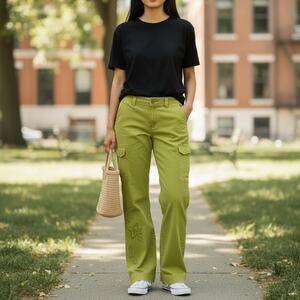 Vintage Y2K 2000s Old Navy Low Waist Rise Cargo Pants 4 Embroidered Green